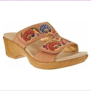 Alegria EU 37 = US 7 Floral Embroidered Leather Slip-on Wedge Sandals Cognac